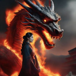 A hyper-realistic digital art image illustrating a captivating scene where a beautiful Korean woman gazes at a gigantic fire-element dragon