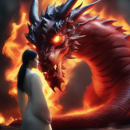 A hyper-realistic digital art image illustrating a captivating scene where a beautiful Korean woman gazes at a gigantic fire-element dragon