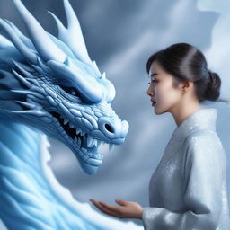 A hyper-realistic digital art image depicting a beautiful Korean woman intently gazing at a gigantic ice-element dragon