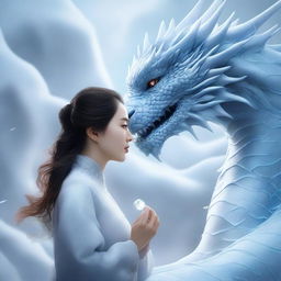 A hyper-realistic digital art image depicting a beautiful Korean woman intently gazing at a gigantic ice-element dragon