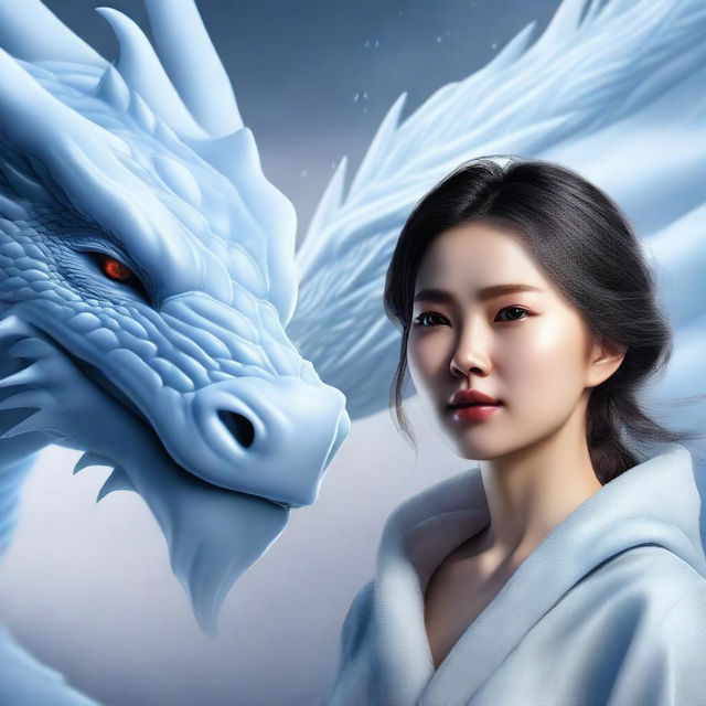 A hyper-realistic digital art image depicting a beautiful Korean woman intently gazing at a gigantic ice-element dragon