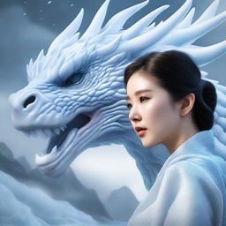 A hyper-realistic digital art image depicting a beautiful Korean woman intently gazing at a gigantic ice-element dragon