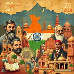 A vibrant collage depicting the rich history of mathematics in India, featuring prominent mathematicians like Aryabhata, Brahmagupta, and Bhaskara
