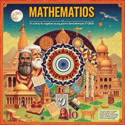 A vibrant collage depicting the rich history of mathematics in India, featuring prominent mathematicians like Aryabhata, Brahmagupta, and Bhaskara