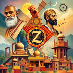 A vibrant collage depicting the rich history of mathematics in India, featuring prominent mathematicians like Aryabhata, Brahmagupta, and Bhaskara