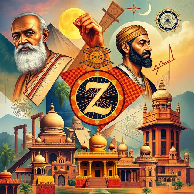 A vibrant collage depicting the rich history of mathematics in India, featuring prominent mathematicians like Aryabhata, Brahmagupta, and Bhaskara