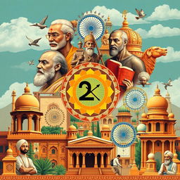 A vibrant collage depicting the rich history of mathematics in India, featuring prominent mathematicians like Aryabhata, Brahmagupta, and Bhaskara