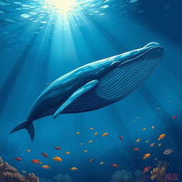 An illustration of the largest animal on Earth, the blue whale, swimming gracefully in the deep ocean