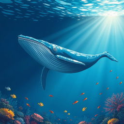 An illustration of the largest animal on Earth, the blue whale, swimming gracefully in the deep ocean
