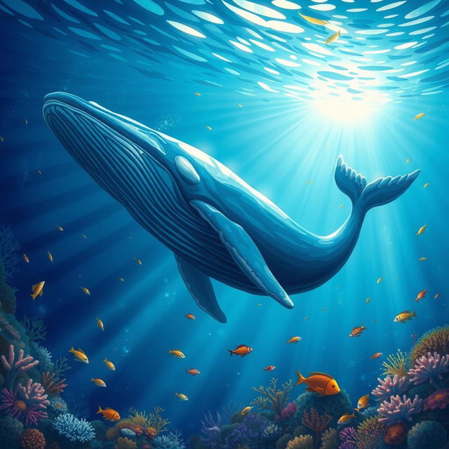 An illustration of the largest animal on Earth, the blue whale, swimming gracefully in the deep ocean