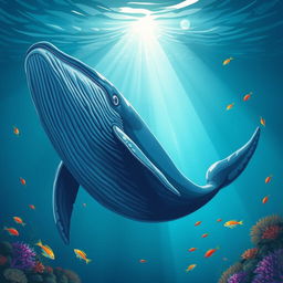 An illustration of the largest animal on Earth, the blue whale, swimming gracefully in the deep ocean