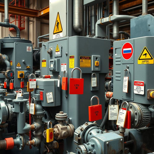 A realistic depiction of industrial equipment with Lockout/Tagout (LOTO) locks and tags, showcasing the actual implementation of this safety system in a workplace environment