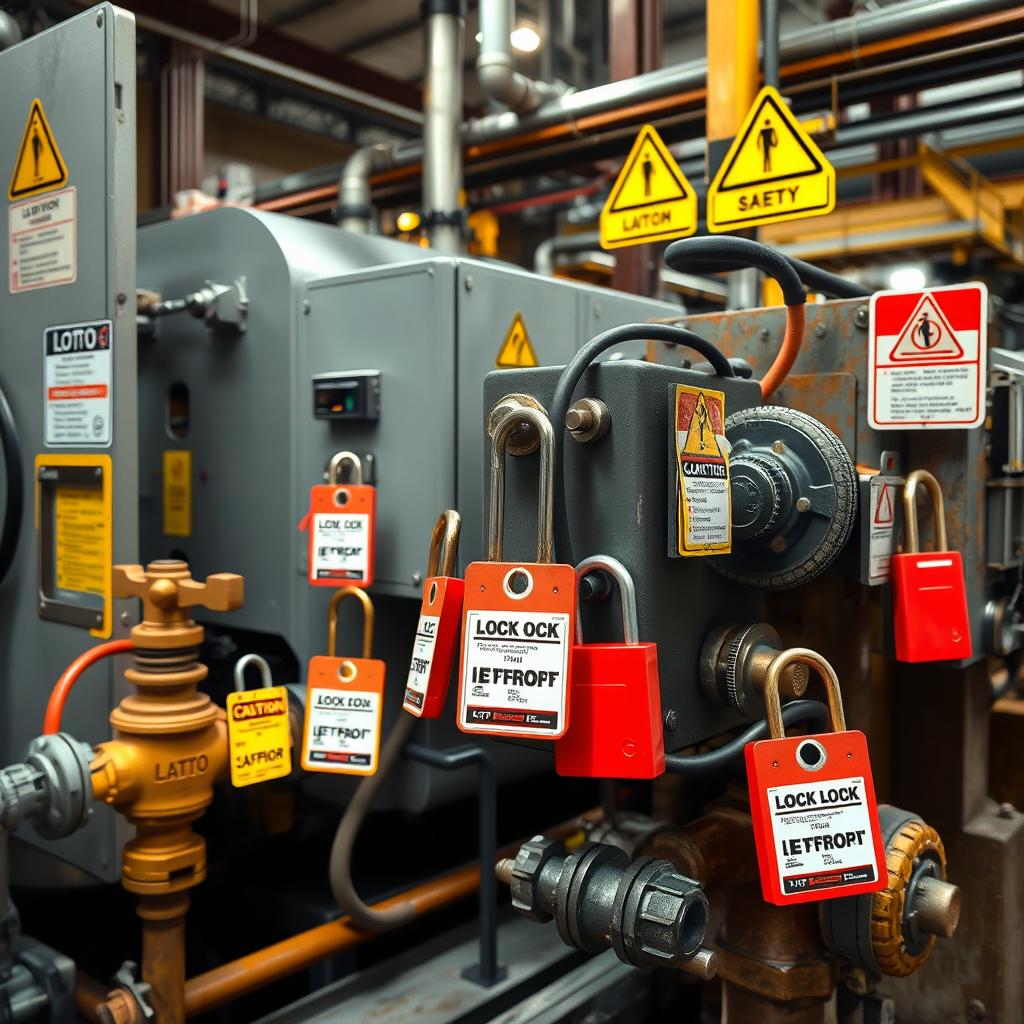 A realistic depiction of industrial equipment with Lockout/Tagout (LOTO) locks and tags, showcasing the actual implementation of this safety system in a workplace environment