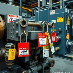 A realistic depiction of industrial equipment with Lockout/Tagout (LOTO) locks and tags, showcasing the actual implementation of this safety system in a workplace environment