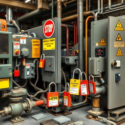 A realistic depiction of industrial equipment with Lockout/Tagout (LOTO) locks and tags, showcasing the actual implementation of this safety system in a workplace environment