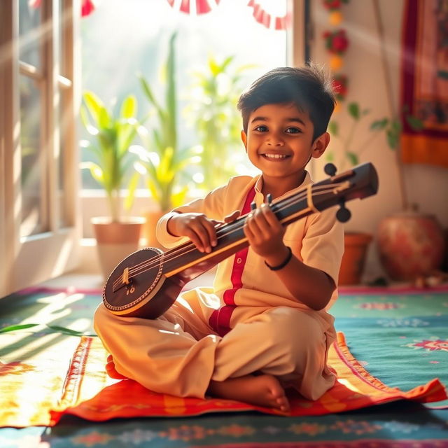 A little Indian boy practicing music early in the morning, sitting cross-legged on a vibrant mat