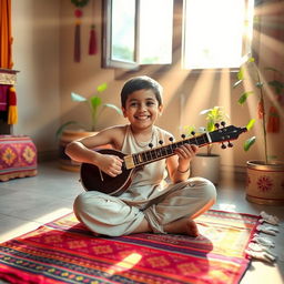 A little Indian boy practicing music early in the morning, sitting cross-legged on a vibrant mat