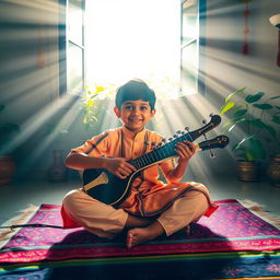 A little Indian boy practicing music early in the morning, sitting cross-legged on a vibrant mat