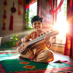 A little Indian boy practicing music early in the morning, sitting cross-legged on a vibrant mat
