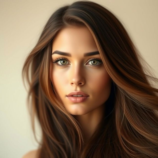 A stunning portrait of a female model with very long, flowing hair that cascades down her shoulders