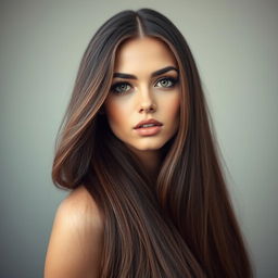 A stunning portrait of a female model with very long, flowing hair that cascades down her shoulders