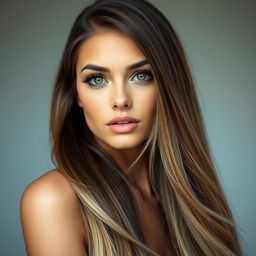A stunning portrait of a female model with very long, flowing hair that cascades down her shoulders