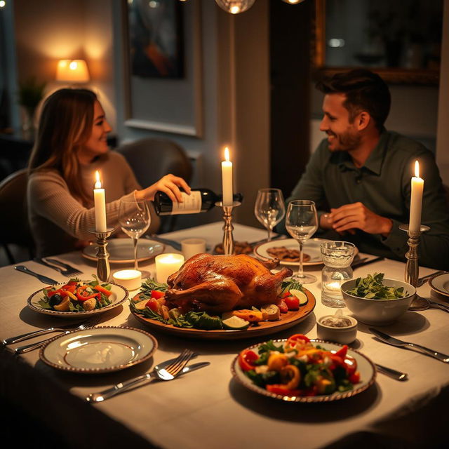 A cozy dining scene capturing a beautifully set dinner table