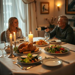 A cozy dining scene capturing a beautifully set dinner table