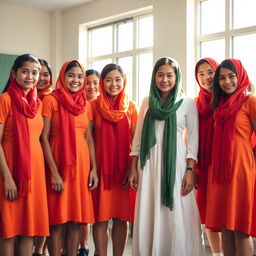 Several female students wearing vibrant orange dresses paired with striking red scarves are standing together with a white teacher