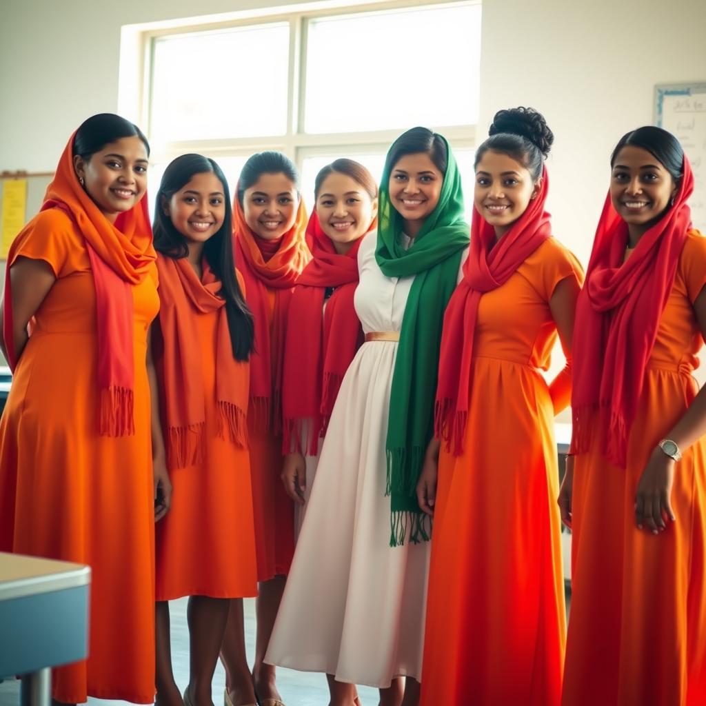 Several female students wearing vibrant orange dresses paired with striking red scarves are standing together with a white teacher