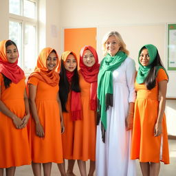 Several female students wearing vibrant orange dresses paired with striking red scarves are standing together with a white teacher