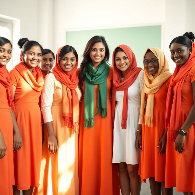 Several female students wearing vibrant orange dresses paired with striking red scarves are standing together with a white teacher