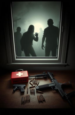 A first aid kit, several bullets, a pistol, and an AK-47 are spread out on a table situated beneath a window