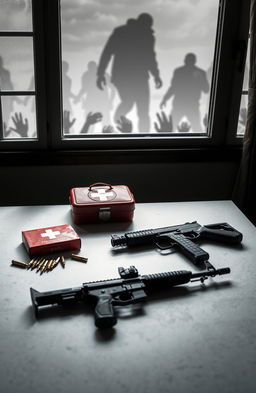 A first aid kit, several bullets, a pistol, and an AK-47 are spread out on a table situated beneath a window