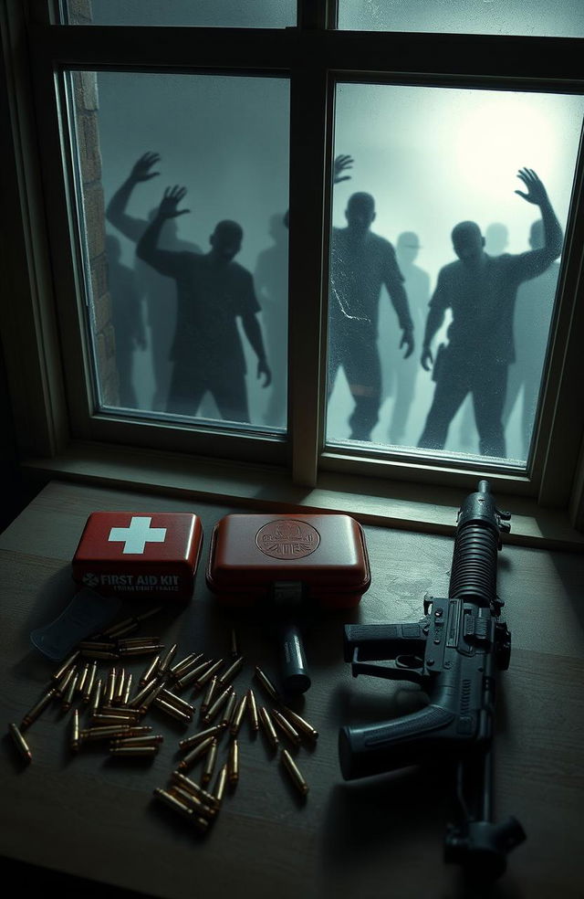 A first aid kit, several bullets, a pistol, and an AK-47 are spread out on a table situated beneath a window