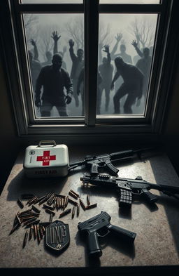 A first aid kit, several bullets, a pistol, and an AK-47 are spread out on a table situated beneath a window