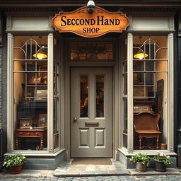 A charming 1930s second-hand shop, featuring a central door framed by large leaded windows on each side, showcasing a vintage aesthetic