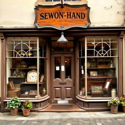 A charming 1930s second-hand shop, featuring a central door framed by large leaded windows on each side, showcasing a vintage aesthetic