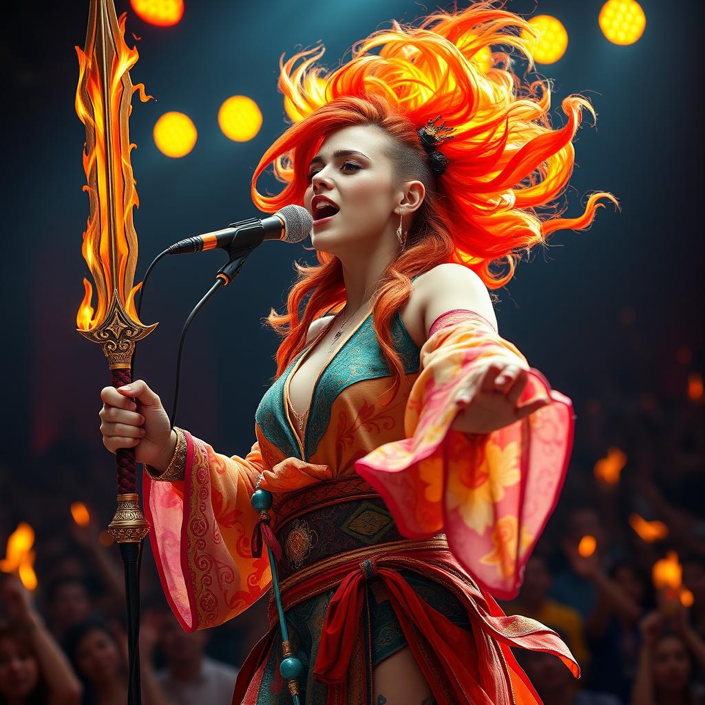 A female fire genasi bard with vibrant, burning hair, singing passionately