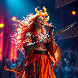 A female fire genasi bard with vibrant, burning hair, singing passionately