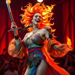 A female fire genasi bard with vibrant, burning hair, singing passionately