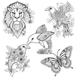 A series of intricate adult coloring pages featuring a variety of animals