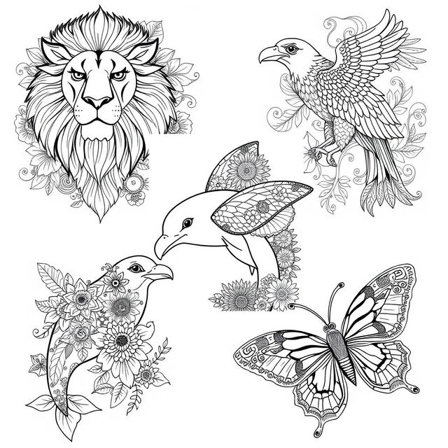 A series of intricate adult coloring pages featuring a variety of animals