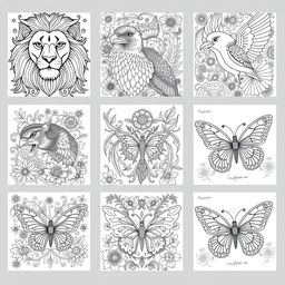 A series of intricate adult coloring pages featuring a variety of animals