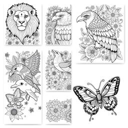 A series of intricate adult coloring pages featuring a variety of animals