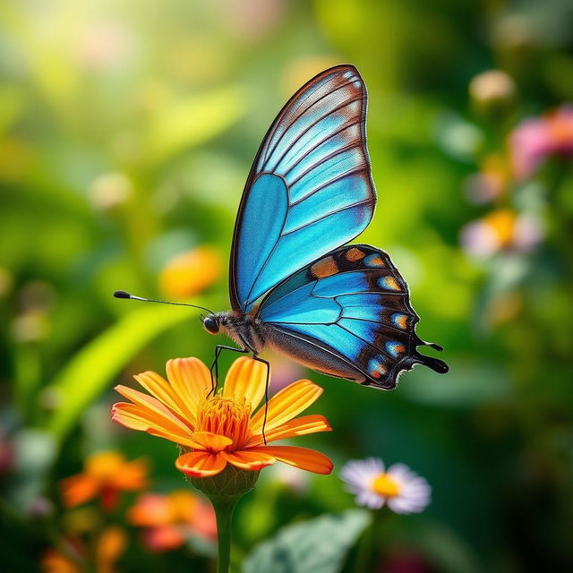 A realistic close-up of a beautifully detailed butterfly perched on a vibrant flower in a lush natural setting, showcasing its delicate wings with vivid colors