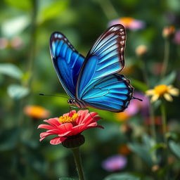 A realistic close-up of a beautifully detailed butterfly perched on a vibrant flower in a lush natural setting, showcasing its delicate wings with vivid colors