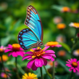 A realistic close-up of a beautifully detailed butterfly perched on a vibrant flower in a lush natural setting, showcasing its delicate wings with vivid colors