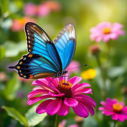 A realistic close-up of a beautifully detailed butterfly perched on a vibrant flower in a lush natural setting, showcasing its delicate wings with vivid colors