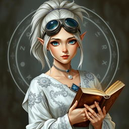 A half-elf priestess with aspid blue eyes and light hair that has silver tips, styled in a high ponytail
